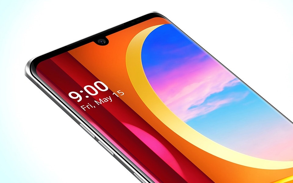 A front view of the LG VELVET smartphone in Aurora Silver colour