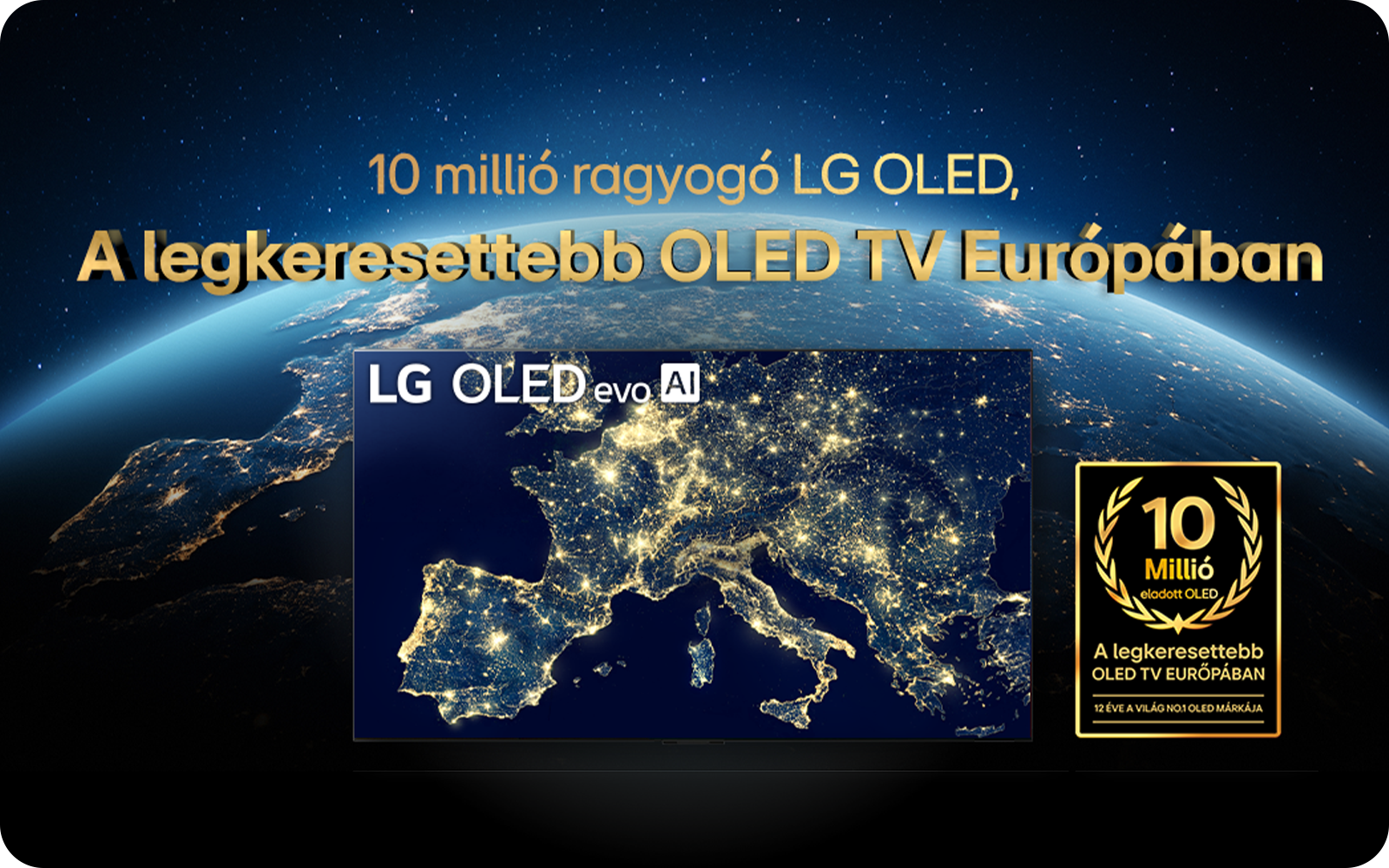 Celebratory image marking LG’s 10 million OLED TVs sold in Europe, with satellite view of Europe.