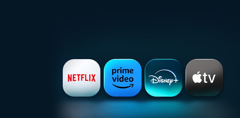 Logo aplikasi Netflix, Prime Video, Disney+, dan Apple TV berdiri berdampingan di depan latar belakang biru. 