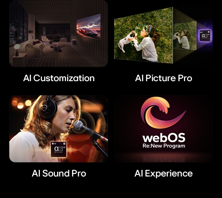 Empat gambar ditampilkan berdampingan. Pertama, TV AI LG yang terpasang di dinding ruang tamu yang gelap dan nyaman. Kedua, tampilan sudut TV AI LG, dengan grafik berwarna cerah dan grafik Prosesor AI LG alpha 11 4K di belakangnya. Ketiga, seorang wanita bernyanyi di mikrofon dan Prosesor AI LG alpha 11 4K di bagian tengah bawah. Keempat, logo webOS Re:New Program melayang pada latar belakang hitam.