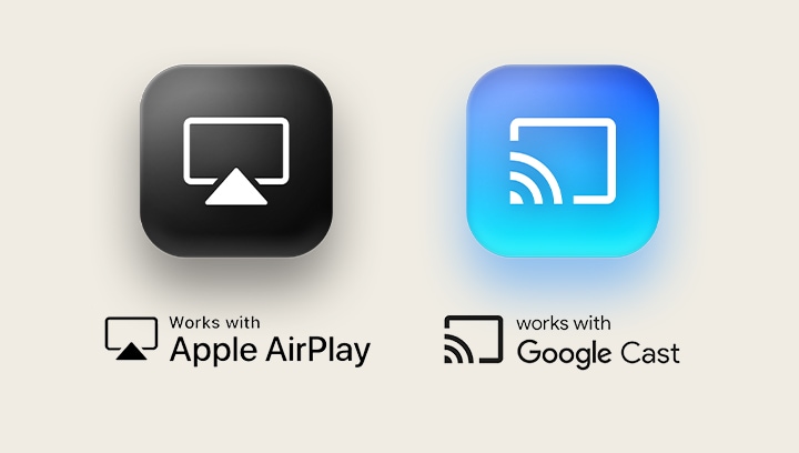 Logo Apple Airplay di sebelah kiri dan logo Google Cast di sebelah kanan.