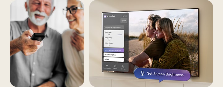 Di sebelah kiri, seorang pria dan wanita duduk sementara pria itu menunjuk dengan remote. Di sebelah kanan, layar LG TV menunjukkan seorang wanita dan pria duduk di ladang pasir dengan jendela layanan AI chatbot terbuka di sisi kiri layar dengan gelembung ucapan bertuliskan “Setel Kecerahan Layar” di sudut kanan bawah.