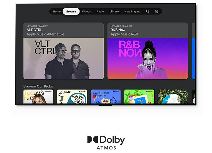 Antarmuka Apple Music menampilkan daftar putar yang diperbarui dan pilihan yang dipersonalisasi dengan logo Dolby Atmos di bawahnya.