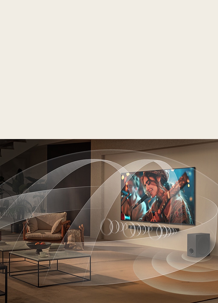 Ruang tamu dengan LG UHD TV dan LG Soundbar dengan grafis yang merepresentasikan bagaimana kedua perangkat tersebut mengisi ruang dengan suara multi-surround.