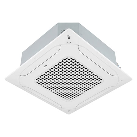 LG Ceiling Cassette ARNU36GTNA4 terdiri dari bagian atas dan bawah berwarna putih. Di bagian bawah, terdapat kipas di keempat arah, sehingga udara dapat mengalir.