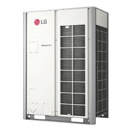 Unit outdoor LG MULTI V i berbentuk persegi panjang ditampilkan, dengan bagian kanannya ditutupi oleh saluran ventilasi berpola kotak-kotak 2x2.