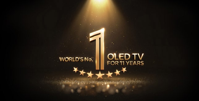 Lambang emas OLED TV nomor 1 di dunia selama 11 Tahun dengan latar belakang hitam. Sebuah lampu sorot menyinari lambang tersebut, dan bintang-bintang abstrak berwarna emas memenuhi langit.
