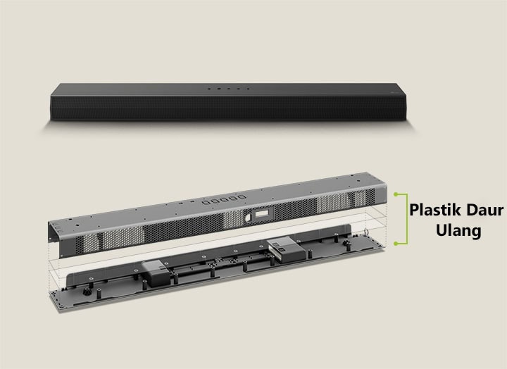 Terdapat perspektif frontal soundbar di samping dan gambaran rangka baja soundbar di depan. Pengamatan secara miring pada bagian belakang rangka baja soundbar dengan tulisan "Plastik Daur Ulang" yang menandakan tepi rangka.