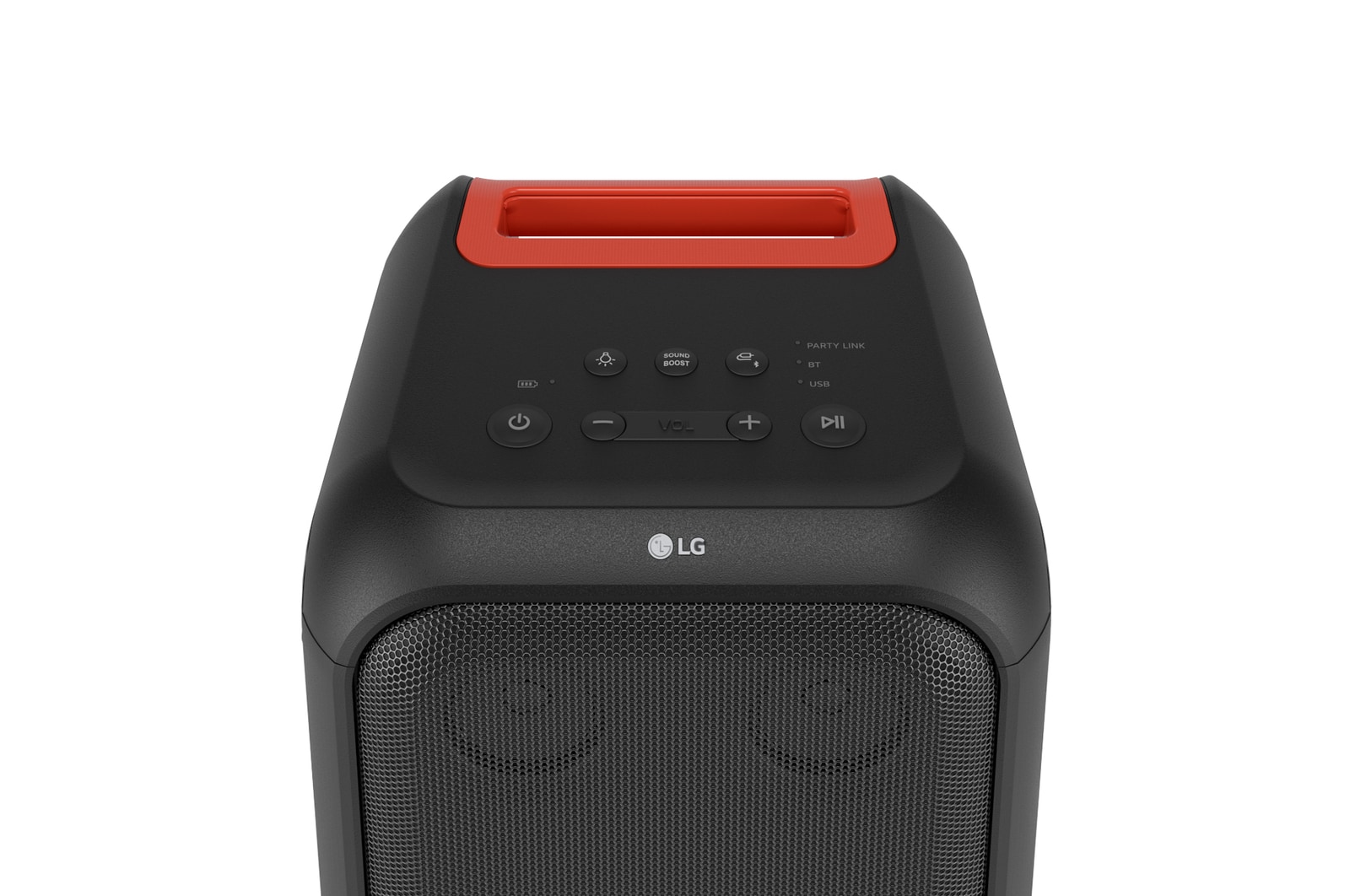 Close up of speaker top. It shows buttons and LG logo.