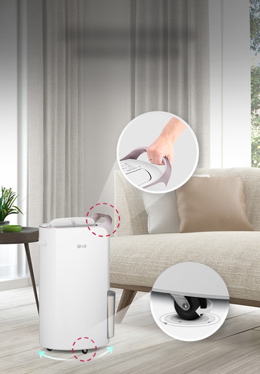 Pegangan dan roda dari  Dehumidifier LG Puricare™ diperbesar untuk memudahkan pandangan, dan ditekankan bahwa ini nyaman untuk dipindahkan.