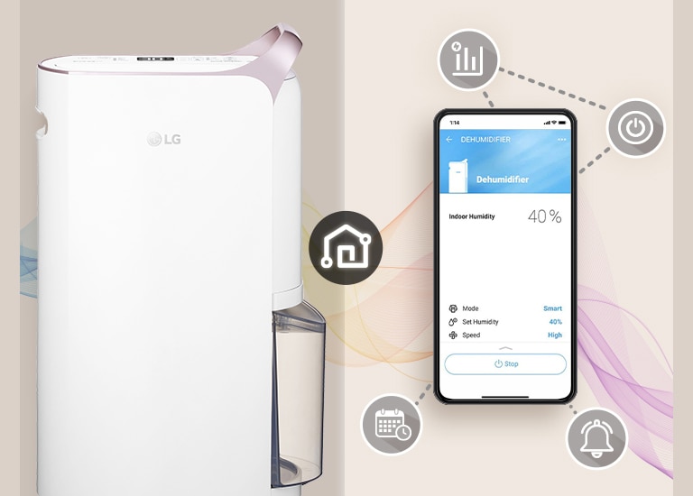 Menampilkan Dehumidifier LG Puricare™ dan ponsel dengan layar ThinQ yang ditampilkan. Ada ikon di sekitar ponsel yang memperkenalkan fitur ThinQ.