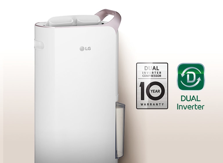 Gambar produk dehumidifier dan logo Kompresor DUAL Inverter dengan garansi 10 tahun.