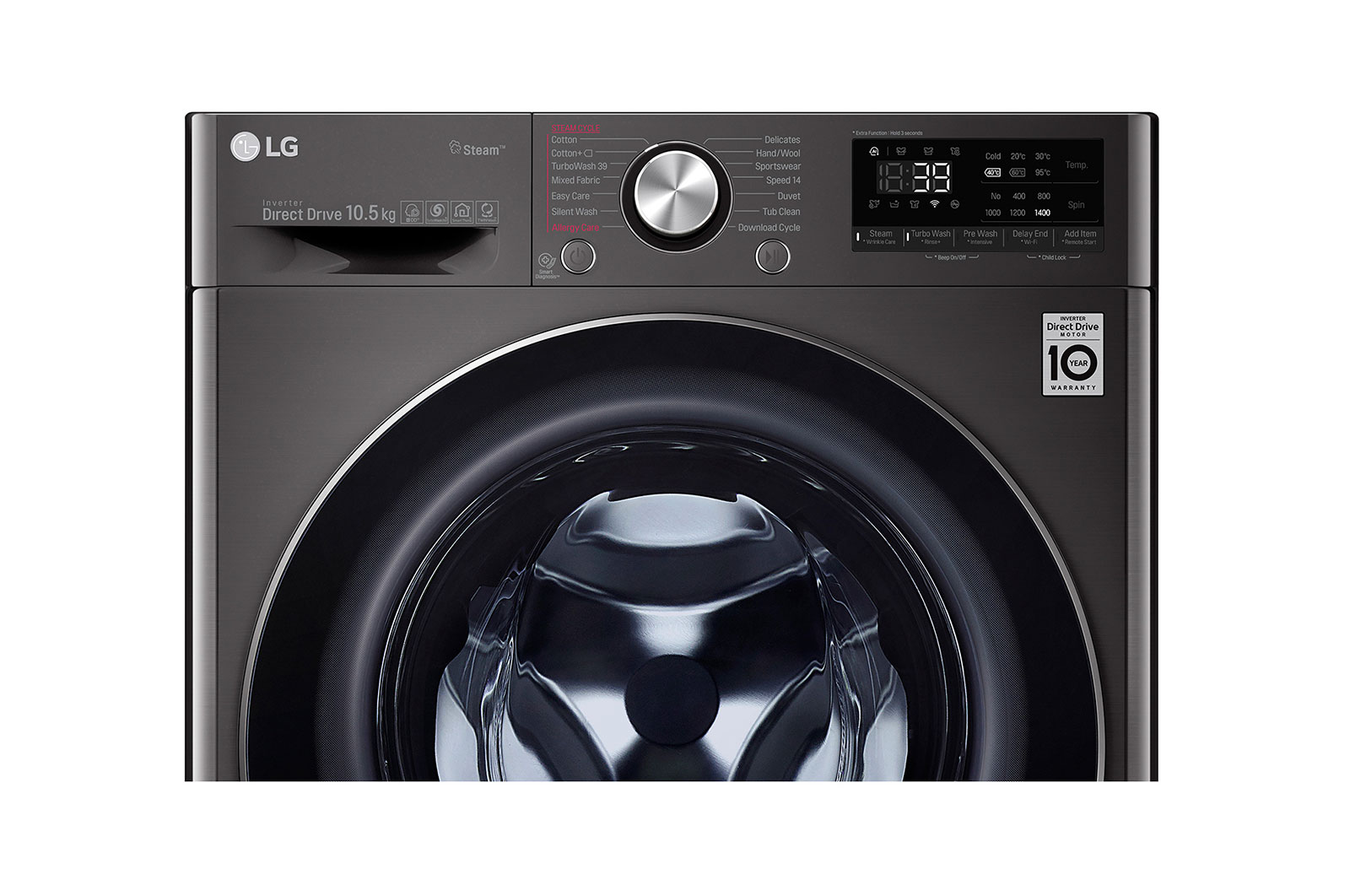 LG Mesin Cuci LG 10.5kg, Front Loading AI DD™ dengan Steam+™ dan TurboWash 360™, ThinQ™ dengan WiFi - Hitam Metalik, FV1450S1B