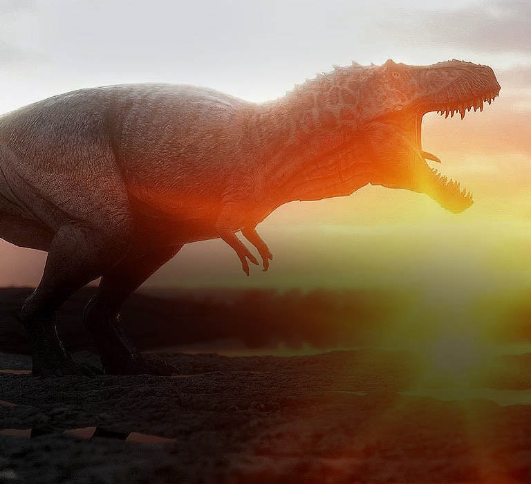 Dinosaurs roar in the background of sunset fields.