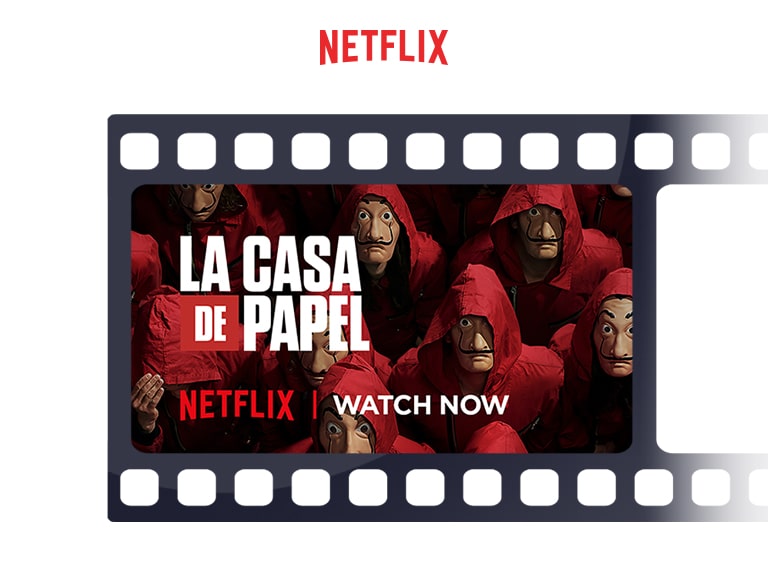 Logo Netflix berjajar secara horizontal. Di bawah logo tersebut, poster La Casa de Papel dari Netflix juga berjajar secara horizontal.