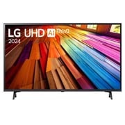 Tampak depan LG UHD TV, UT80 dengan teks LG UHD AI ThinQ,, 2024, dan logo webOS Re:New Program di layar