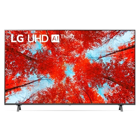 Tampak depan LG UHD TV dengan gambar sisipan dan logo produk menyala