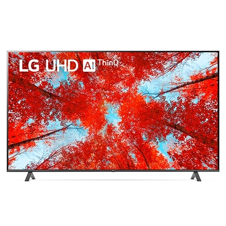 Tampak depan LG UHD TV dengan gambar sisipan dan logo produk menyala