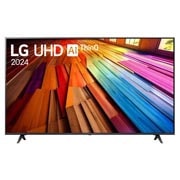 Tampak depan LG UHD TV, UT80 dengan teks LG UHD AI ThinQ,, 2024, dan logo webOS Re:New Program di layar