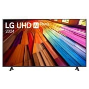 Tampak depan LG UHD TV, UT80 dengan teks LG UHD AI ThinQ,, 2024, dan logo webOS Re:New Program di layar