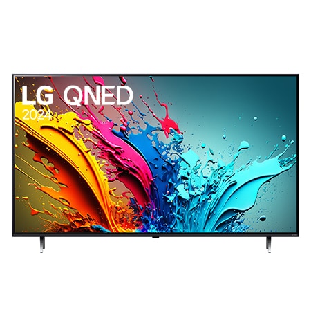 Tampak depan LG QNED TV, QNED85 dengan teks LG QNED, 2024, dan logo webOS Re:New Program di layar