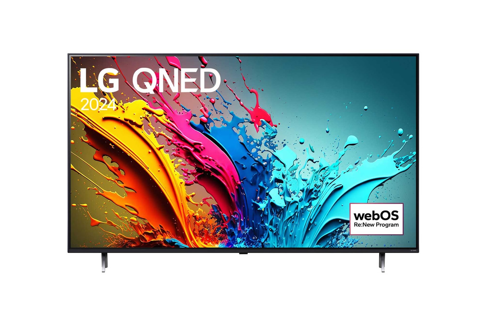 Tampak depan LG QNED TV, QNED86 dengan teks LG QNED, 2024, dan logo webOS Re:New Program di layar