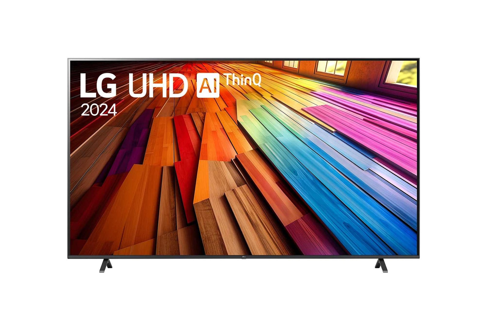 Tampak depan LG UHD TV, UT80 dengan teks LG UHD AI ThinQ,, 2024, dan logo webOS Re:New Program di layar