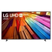 Tampak depan LG UHD TV, UT80 dengan teks LG UHD AI ThinQ,, 2024, dan logo webOS Re:New Program di layar