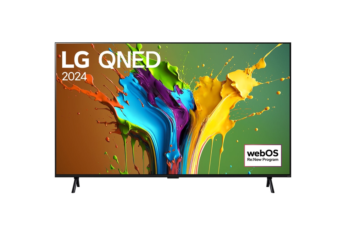 Front view of LG QNED TV, QNED89 with text of LG QNED, 2024, and webOS Re:New Program logo on screen