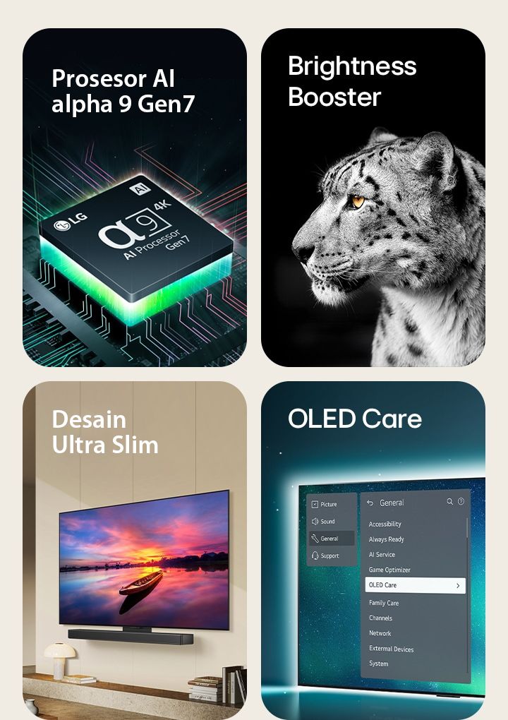 Prosesor AI alpha 9 Gen7 LG di atas motherboard, memancarkan kilatan cahaya oranye.  Brightness Booster dengan gambar wajah samping leopard.  Sangat ramping dan siap untuk LG Soundbar karena ditempatkan rata di dinding di ruang tamu modern.  OLED TV dengan menu OLED Care dipilih dalam menu dukungan yang ada di layar.