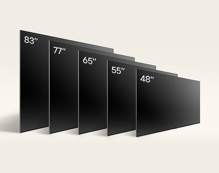 Membandingkan LG OLED TV, ukuran OLED C4 yang bervariasi, menampilkan OLED C4 48 inci, OLED 55 inci, OLED C4 65 inci, OLED C4 77 inci, and OLED C4 83 inci.