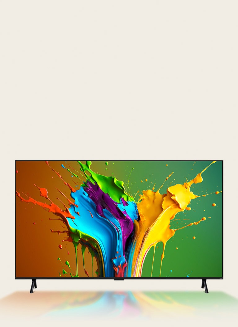 Layar LG QNED99 menampilkan karya seni berwarna-warni.