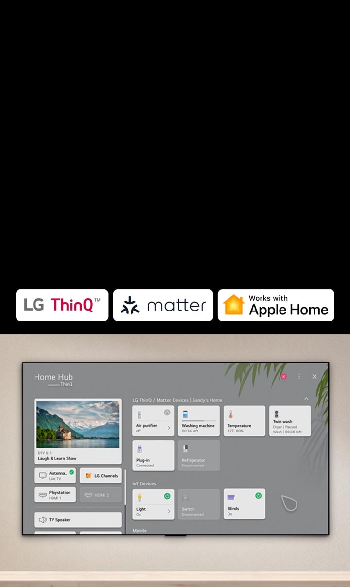 Logo LG ThinQ™, Matter, dan Apple Home. LG TV terpasang di dinding dan LG PuriCare™ Objet Collection 360° di sebelah kiri. TV ini menampilkan Home Hub dan sebuah kursor mengklik "Pembersih udara", dan LG PuriCare™ Objet Collection 360° pun aktif. 