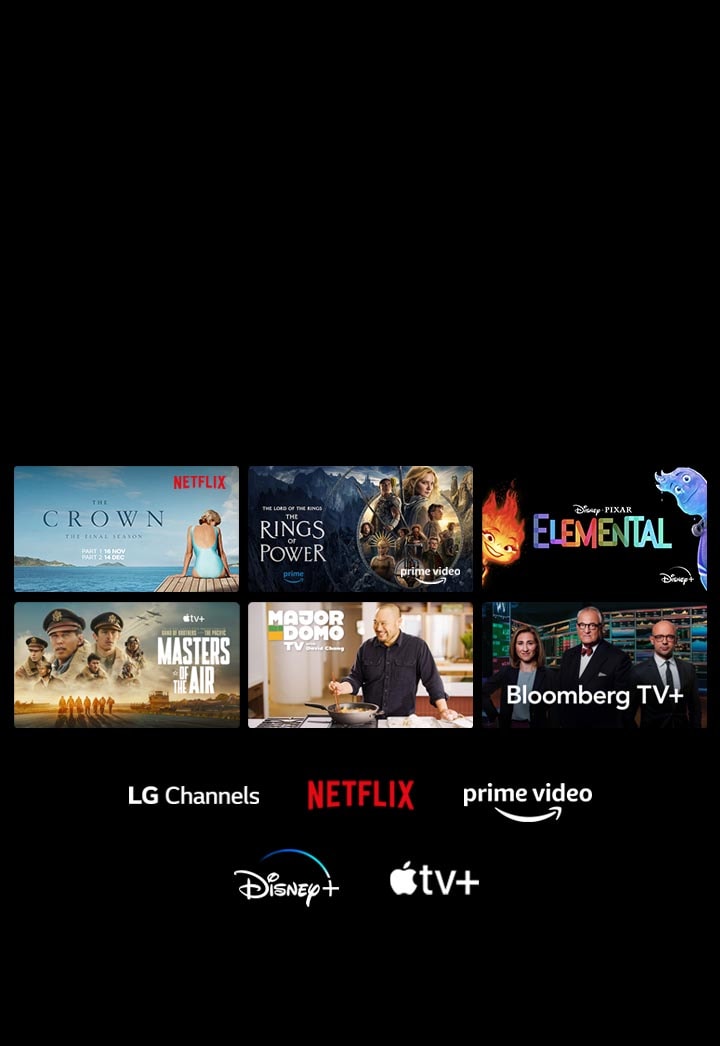 Enam thumbnail film dan acara TV ditampilkan dan logo LG Channels, Netflix, Prime Video, Disney+, dan Apple TV+ ada di bawah.