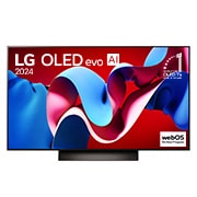 Tampak depan dengan TV AI LG OLED evo, OLED C4, Emblem OLED nomor 1 dunia selama 11 Tahun dan webOS Re:Logo New Program di layar