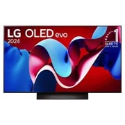 Tampak depan dengan TV LG OLED evo, OLED C4, Emblem OLED nomor 1 dunia selama 11 Tahun dan webOS Re:New Program di layar