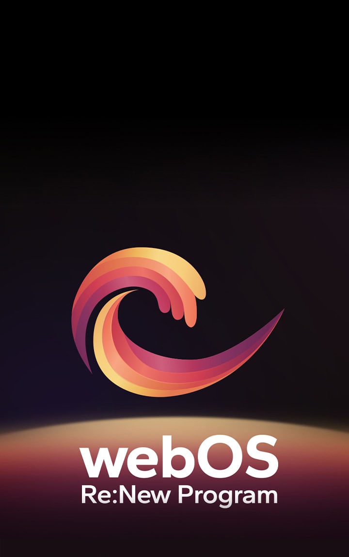 Logo webOS melayang di tengah latar belakang hitam, sementara area di bawahnya diterangi dengan warna logo merah, oranye, dan kuning. Di bawah logo, tertulis "webOS Re:New Program".