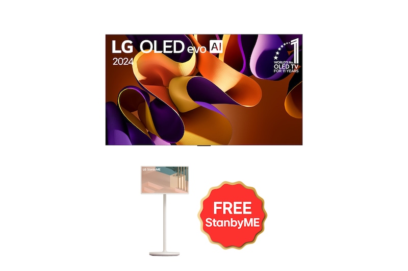 Tampak depan dengan TV LG OLED evo, OLED G4, Emblem OLED nomor 1 dunia selama 11 Tahun dan logo Garansi Panel 5 Tahun di layar, serta Soundbar di bawah