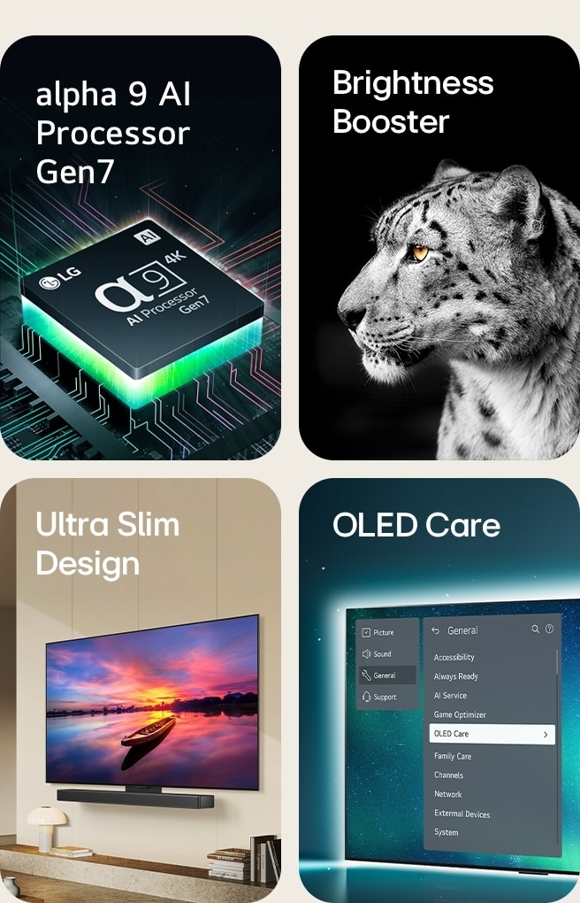 Prosesor AI alpha 9 Gen7 LG di atas motherboard, memancarkan kilatan cahaya oranye.  Brightness Booster dengan gambar wajah samping leopard.  Sangat ramping dan siap untuk LG Soundbar karena ditempatkan rata di dinding di ruang tamu modern.  OLED TV dengan menu OLED Care dipilih dalam menu dukungan yang ada di layar.
