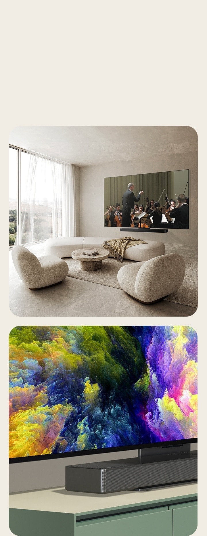 Perspektif miring di sudut bawah OLED C4 menampilkan karya seni abstrak di layar.  OLED C4 dan LG Soundbar di ruang tamu yang bersih menempel ke dinding dengan pertunjukan orkestra yang ditayangkan di layar.