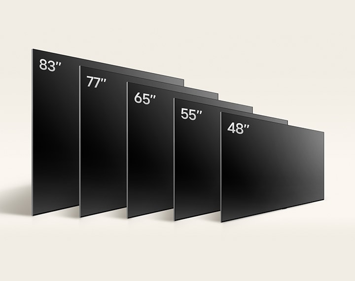 Membandingkan LG OLED TV, ukuran OLED C4 yang bervariasi, menampilkan OLED 55 inci, OLED C4 65 inci, OLED C4 77 inci, and OLED C4 83 inci.