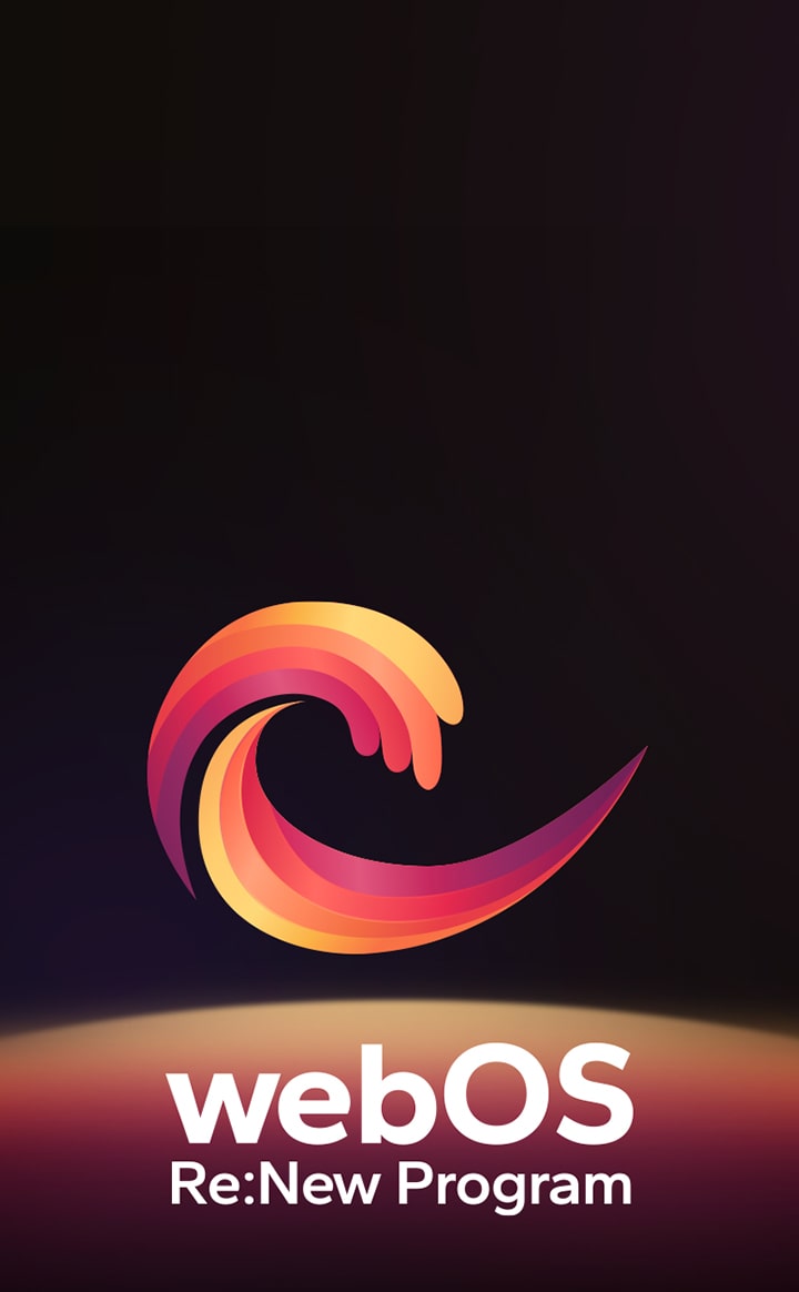 Logo webOS Re:New Program berlatar belakang hitam dengan bola melingkar berwarna kuning dan oranye, ungu di bagian bawah. 