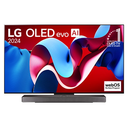 Tampak depan dengan TV AI LG OLED evo, OLED C4, Emblem OLED nomor 1 dunia selama 11 Tahun dan webOS Re:Logo New Program di layar, serta Soundbar di bawahnya