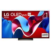 Tampak depan dengan TV AI LG OLED evo, OLED C4, Emblem OLED nomor 1 dunia selama 11 Tahun dan webOS Re:Logo New Program di layar, serta Soundbar di bawahnya