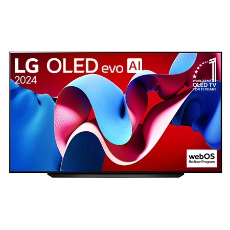 Tampak depan dengan TV AI LG OLED evo, OLED C4, Emblem OLED nomor 1 dunia selama 11 Tahun dan webOS Re:Logo New Program di layar