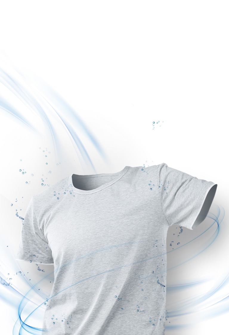 Kaos abu-abu dengan percikan air dan aliran angin biru, melambangkan kebersihan dan kesegaran pada latar belakang putih.