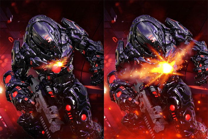 Perbandingan Dynamic Action Sync - Gambar kiri tidak mendukung DAS, dan gambar kanan mendukung DAS.