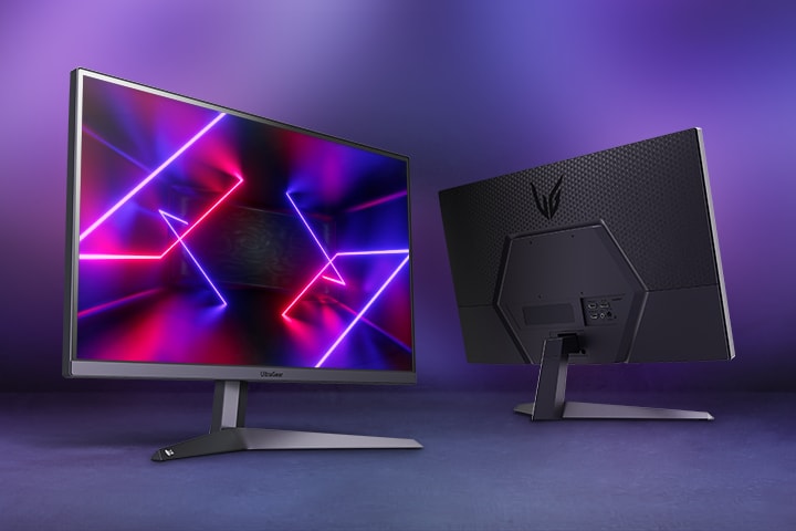 Dua gambar monitor yang menunjukkan bagian depan dan belakang monitor.