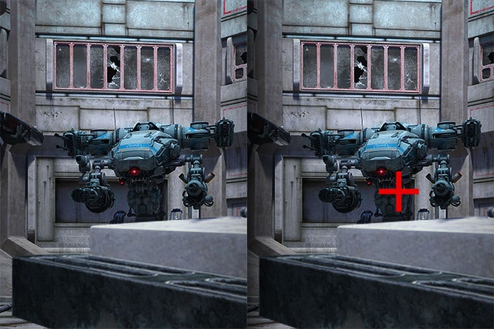 Perbandingan Crosshair - Gambar kiri adalah Crosshair 'mati', dan gambar Kanan adalah Crosshair 'hidup'