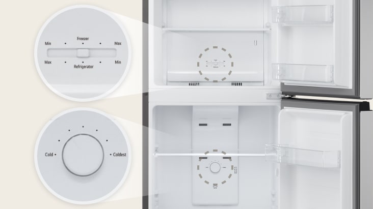 Gambar menunjukkan tombol putar yang terletak terpisah di dalam freezer dan kulkas
